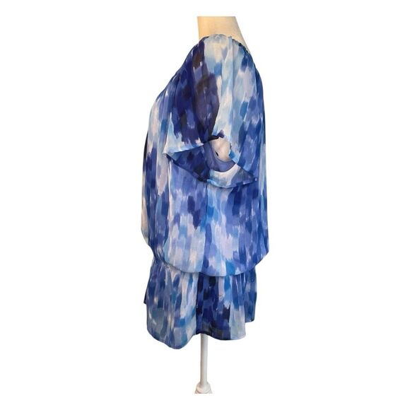 Calvin Klein Watercolor Peplum Blouse Blue White Chiffon Short Sleeve Lined XL - Picture 3 of 6